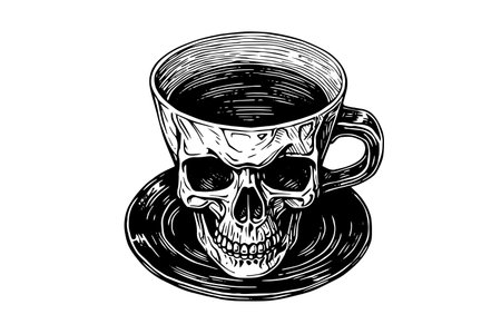 Skull cup with coffee hand drawn ink sketch. Engraved style vector illustration.のイラスト素材