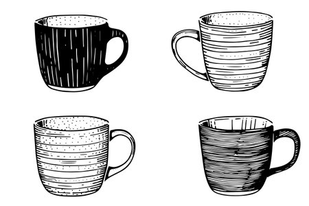 Set of vintage cups or mugs hand drawn ink sketch. Engraved style vector illustration.のイラスト素材