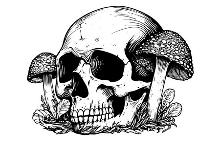 Mushroom skull hand drawn ink sketch. Engraved style vector illustration.のイラスト素材
