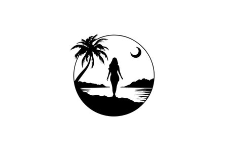 Moon Escape: Tropical Beach Resort, Palm and Girl Vector Logo Design.のイラスト素材