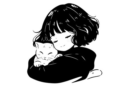 A girl hugs a cat. Child love pet doodle vector sketch.のイラスト素材