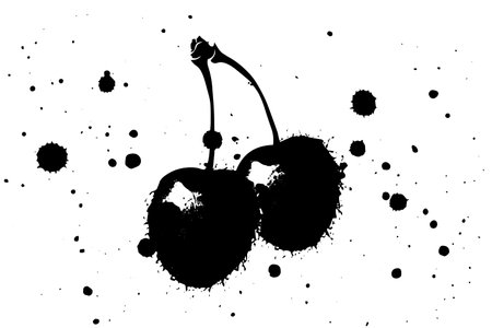 Vintage Sketch Vector: Cherry Fruit Graffiti with Blackberry Silhouette and Hand-Drawn Branch.のイラスト素材