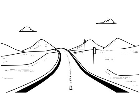 Desert road hand drawn ink sketch highway landscape. Engraved style vector illustration.のイラスト素材