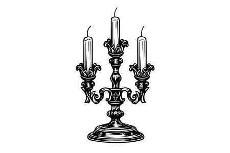 Black candlestick engraved in retro style on white background. Hand drawn doodle sketch style. Vintage vector illustration.のイラスト素材