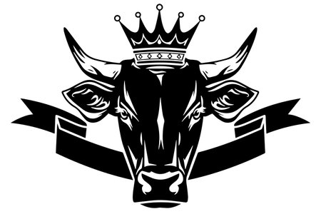 Vintage Cow in Crown Head Logo: Hand-drawn Vector Illustration of Dairy Majesty.のイラスト素材