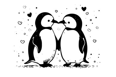 Engraved Penguin Couple Vector Sketch. Cute Winter Illustration, Antarctic Bird.のイラスト素材