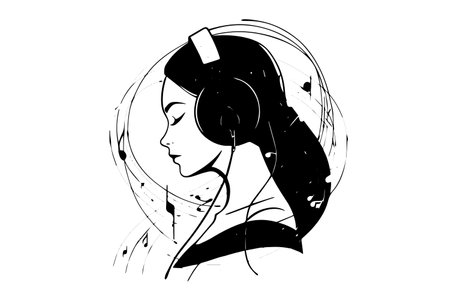 Girl in headphone portrait hand drawn ink sketch. Engraved style retro vector logotype.のイラスト素材