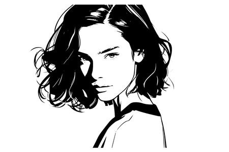 Confident girlhand drawn ink sketch. Engraved style vector portrait.のイラスト素材