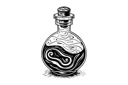 Magic bottle with potion hand drawn ink sketch. Engraved style vector illustration.のイラスト素材