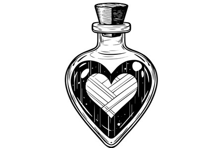 Magic bottle with love potion hand drawn ink sketch. Engraved style vector illustration.のイラスト素材