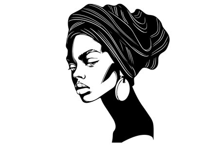 Beautiful black woman hand drawn ink sketch. Logo for beauty salon. Engraved vector illustration.のイラスト素材