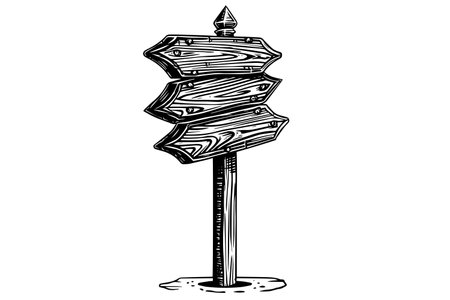Retro wooden signpost sketch in engraved style on white background. Hand drawn vector poster.のイラスト素材