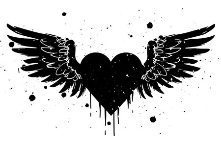Loves Flight: Grungy Angel Wings and Heart Vector Illustration. Tattoo Design.のイラスト素材