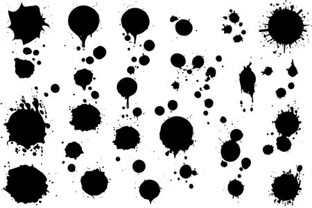 Vector set of ink splashes. Black inked splatter dirt stain splattered spray splash with drops blots isolated.のイラスト素材