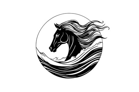 Black horse head logotype. Engraved style hand drawn ink sketch.のイラスト素材