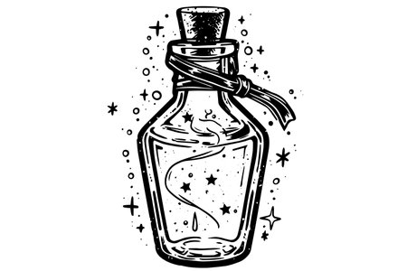 Magic bottle with potion hand drawn ink sketch. Engraved style vector illustration.のイラスト素材