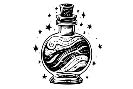 Magic bottle with potion hand drawn ink sketch. Engraved style vector illustration.のイラスト素材