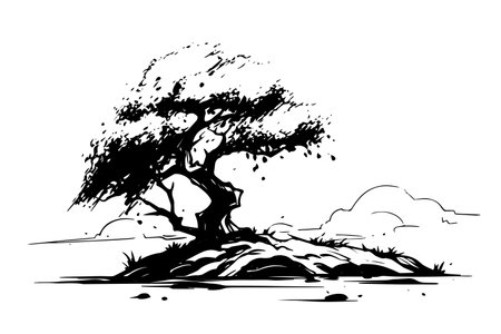 Vintage Landscape with Tree Sketch. Engraved Illustration in Black and White Vector.のイラスト素材