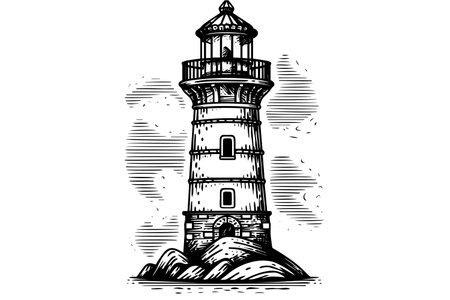 Retro hand drawn illustration with lighthouse engraved on white background. Vintage texture. Vector logo icon.のイラスト素材