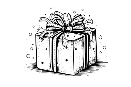 Present gift box with ribbon bow vector sketch. Vintage christmas icon.のイラスト素材