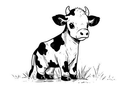 Baby cow icon, cute calf logotype, animal doodle vector sketch.のイラスト素材