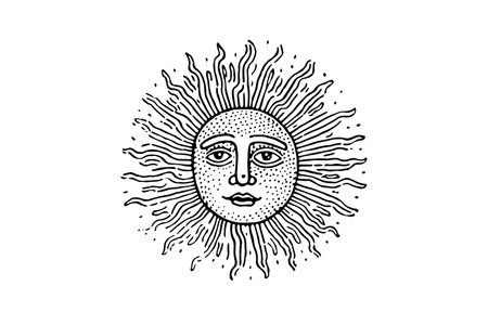 Vintage Celestial Face: Engraved Retro Vector Illustration of Sun and Moon.のイラスト素材