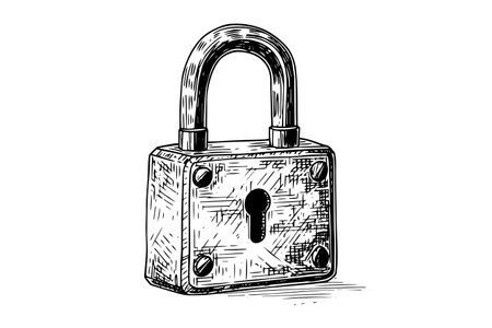 Vintage Lock Sketch: Engraved Antique Padlock Illustration in Woodcut Style.のイラスト素材