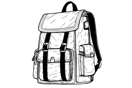 Backpack hand drawn ink sketch. Engraved retro style vector illustration.のイラスト素材