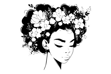 Woman with flowers in hair hand drawn ink sketch. Engraved style vector portrait.のイラスト素材