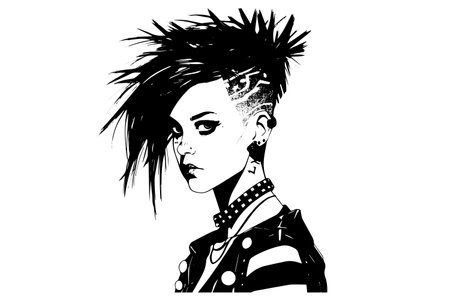 Punk girl with a Mohawk hand drawn ink sketch. Engraved style vector illustration.のイラスト素材