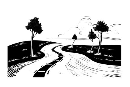 Simple road hand drawn ink sketch highway landscape. Engraved style vector illustration.のイラスト素材