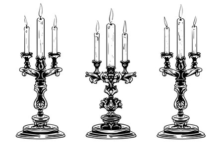 Black candlestick engraved in retro style on white background. Hand drawn doodle sketch style. Vintage vector illustration.のイラスト素材