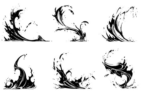 Vintage Sketch Collection: Liquid Wave and Splash Vector Engraved Style Illustration.のイラスト素材