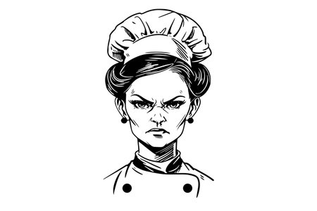 Angry woman chef ink sketch in engraving style. Drawing young female vector illustration.のイラスト素材