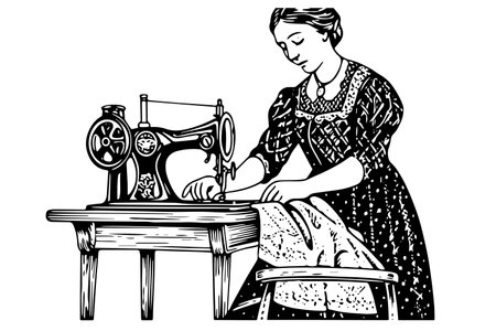 A seamstress woman works at a retro sewing machine in egraving style vector illustration.のイラスト素材