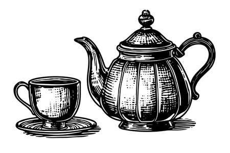 Teapot and teacup hand drawn ink sketch. Engraved style retro vector illustration.のイラスト素材