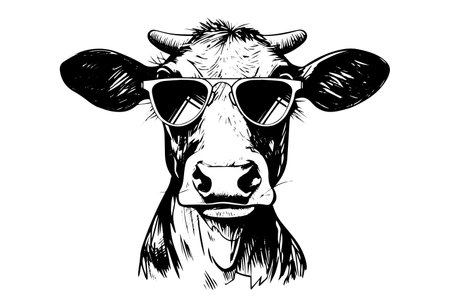 Cow head in sunglasses hand drawn ink logotype sketch. Engraved style vector illustration.のイラスト素材