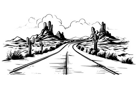 Desert arizona or texas road landscape with cactus and mountain vintage vector sketch.のイラスト素材