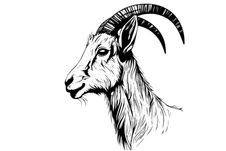 Goat head hand drawn ink sketch. Engraved style vector logotype.のイラスト素材