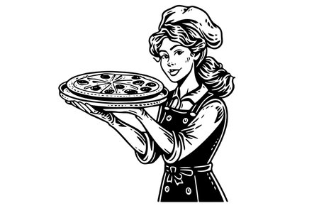 Woman chef with pizza ink sketch in engraving style. Drawing young female vector illustration.のイラスト素材