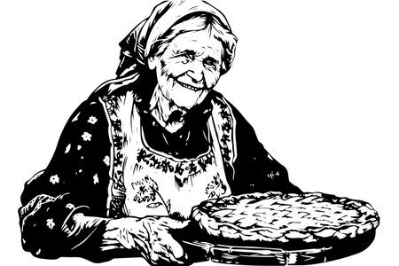 Vintage Grandma Cooking: Nostalgic Vector Illustration of a Wise Woman Baking Pie.のイラスト素材