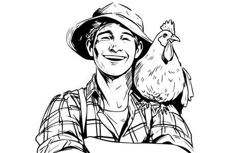Farmer with a chicken on shoulder illustration. Organic egg farm logo vector sketch.のイラスト素材