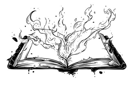 Open burning book hand drawn ink sketch. Engraved retro style vector illustration.のイラスト素材