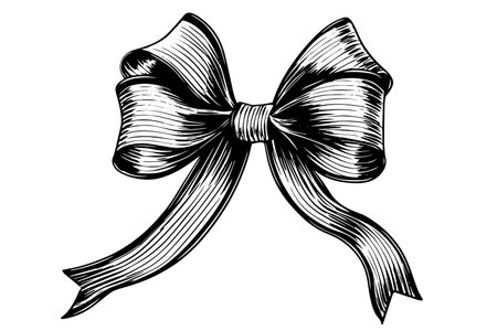 Vintage Christmas Gift: Hand-Drawn Bow and Ribbon Vector Sketch in Woodcut Style.のイラスト素材