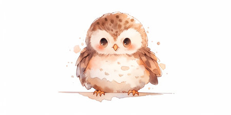 Cute kawaii baby owl hand drawn watercolor illustration.の写真素材