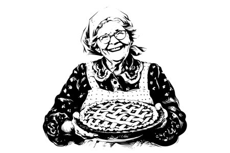 Vintage Grandma Cooking: Nostalgic Vector Illustration of a Wise Woman Baking Pie.のイラスト素材