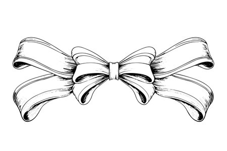 Vintage Christmas Gift: Hand-Drawn Bow and Ribbon Vector Sketch in Woodcut Style.のイラスト素材