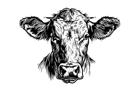 Vintage Vector Hand-Drawn Sketch of a Cows Head: Retro Illustration of Dairy Farm Icon.のイラスト素材