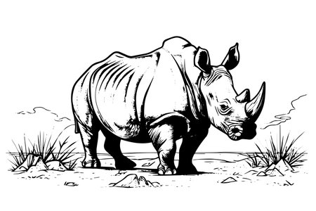 Rhinoceros in desert. Engraved lined style with bold lines. Black and white colors.のイラスト素材