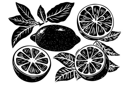 Vintage Citrus Sketch: Hand-Drawn Lemon and Lime with Floral Accents.のイラスト素材